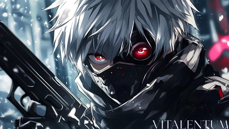 Masked white haired anime gunman with glowing red eyes
