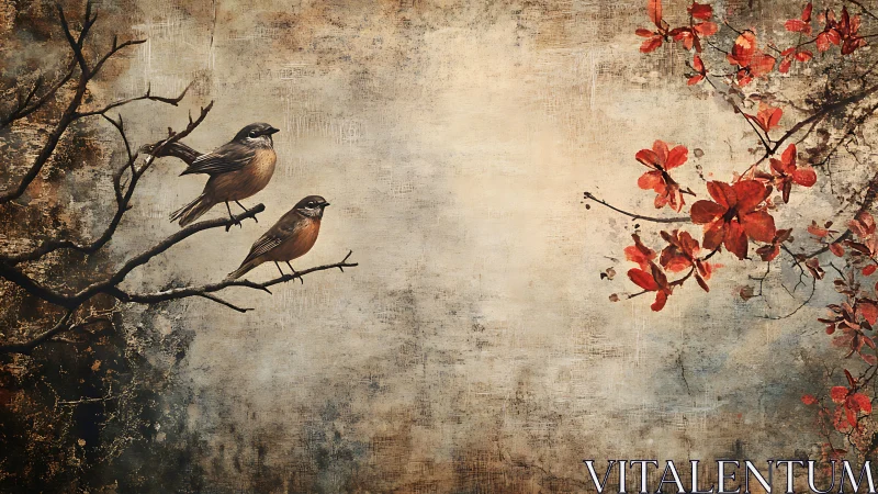 Gentle songbirds resting beside warm autumn blossoms.