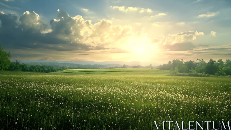 Sunlit meadow stretches under dramatic summer sky.