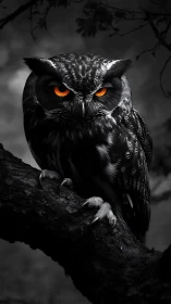 Nocturnal horned owl with vivid orange eyes in chiaroscuro.