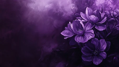 Purple Peony Blooms Rendered with Oil Painting Texture and Atmospheric Depth