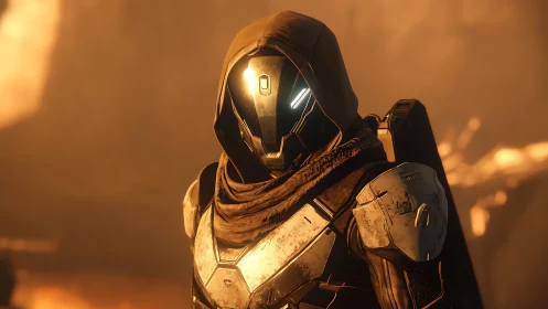 Armored sci fi guardian stands in molten amber battlefield light