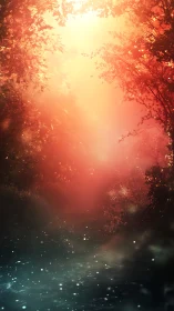 Enchanted river glows beneath a radiant crimson forest sky