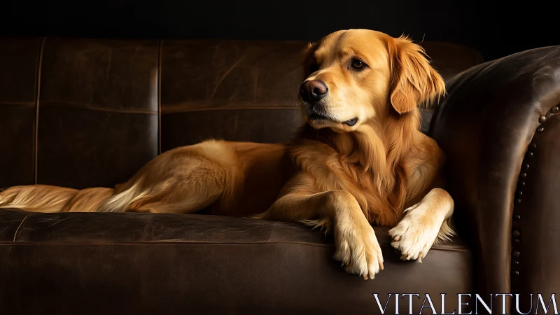Golden retriever reclining on distressed leather sofa in studio