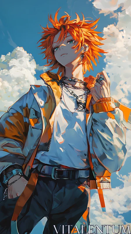 Flame haired youth under towering clouds in vivid light.