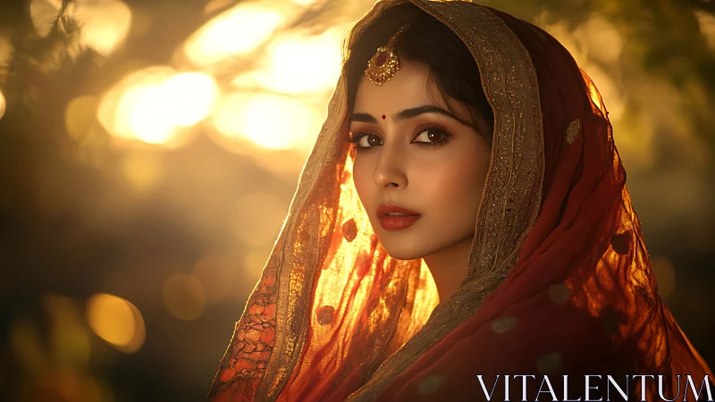 Photorealistic bridal portrait under golden backlight glow.