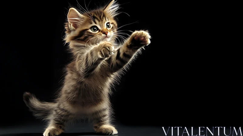 Tabby kitten standing upright with raised paws against dark background.