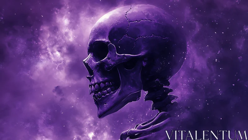 Violet cosmic skull glows inside swirling nebula haze.