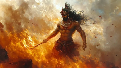 Fireborne warrior strides through swirling mythic flames.