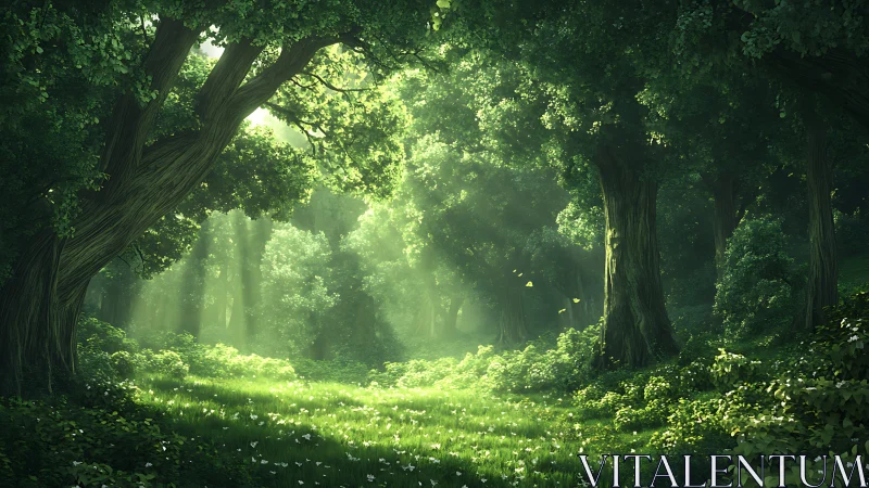 Sunlit Forest Clearing With Ancient Trees and Verdant Sanctuary