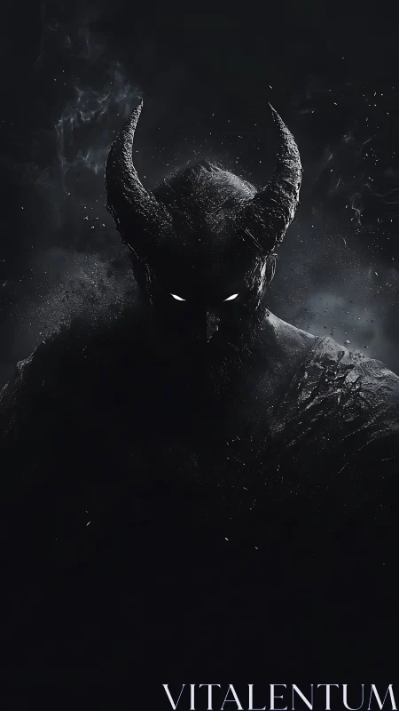 Horned shadow demon portrait in low key monochrome smoke