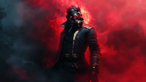 Pyroclastic tactician with respirator in infernal aerosol field.