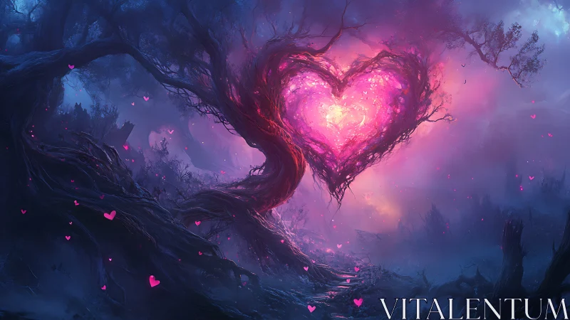 Glowing Heart Tree in Mystical Fantasy Twilight.