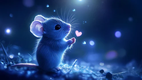 Bioluminescent blue mouse with luminous heart-shaped token.