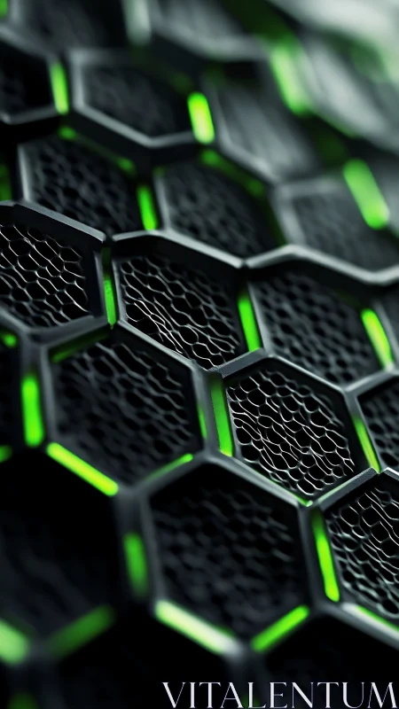 Hexagonal black grid with vivid green light details.