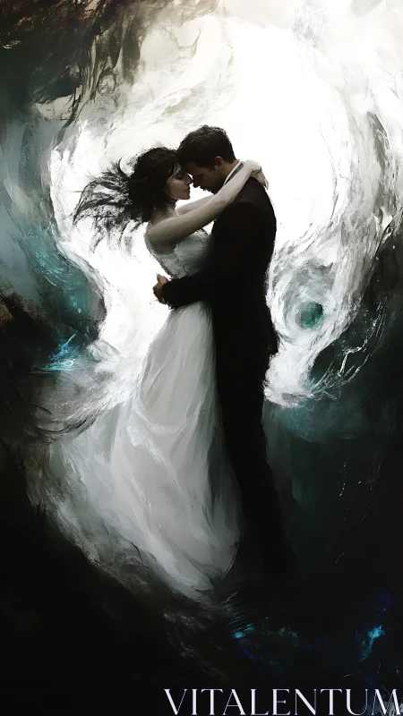 Ethereal Embrace: Luminous Couple in Chiaroscuro Composition.