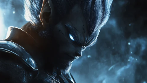 Brooding cosmic warrior glowing with fierce inner power.