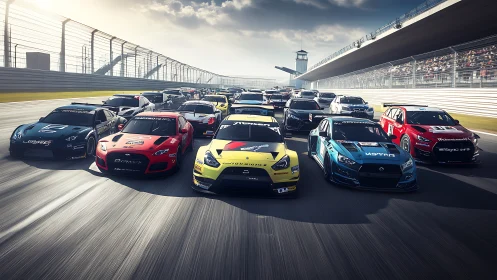Close grid of colorful touring race cars on fast circuit.