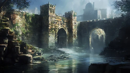 River mist crowns an ancient fortress gate in quiet decay