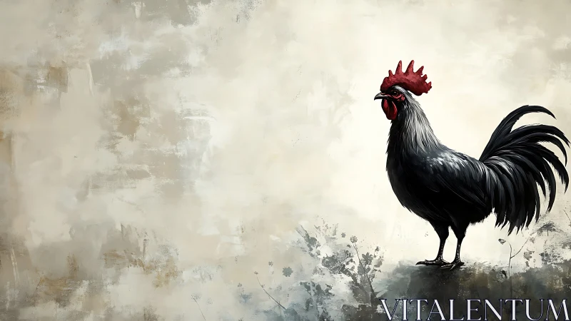 Black rooster with crimson comb rendered in digital painting with gestural brushwork