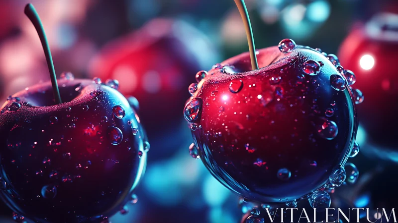 Close-up view of wet cherries under colorful lighting.