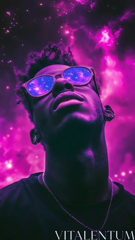 Portrait of person in neon cosmic setting with glasses.