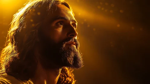 Half-length bearded male portrait rendered in radiant backlight