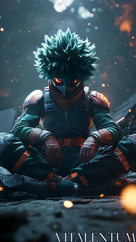 Armored masked hero meditates amid glowing battlefield embers.