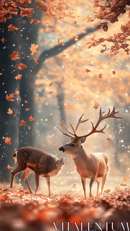 Gentle deer stand in glowing autumn forest light together