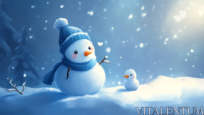 Snowy cuddle of parent and baby snowmen in moonlit magic.