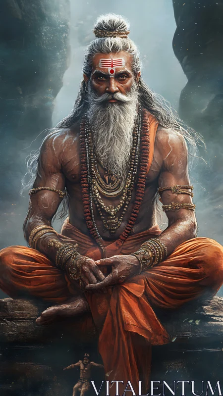 Mystic sage in orange robes meditating on rocky ledge.