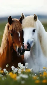 Two horses stand closely aligned in a shallow depth-of-field field