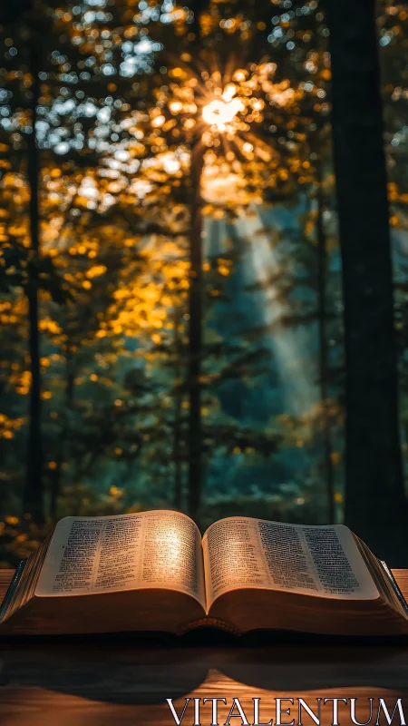 Open printed book on wooden surface in sunlit forest setting.