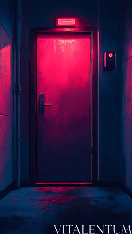 Neon-lit security door glows in a dark, cyber-noir corridor