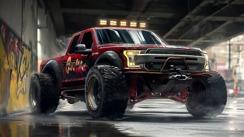 Lifted red off-road truck with graffiti in city underpass.