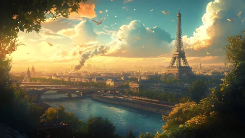 Sunlit Eiffel Tower over Paris river and city skyline.