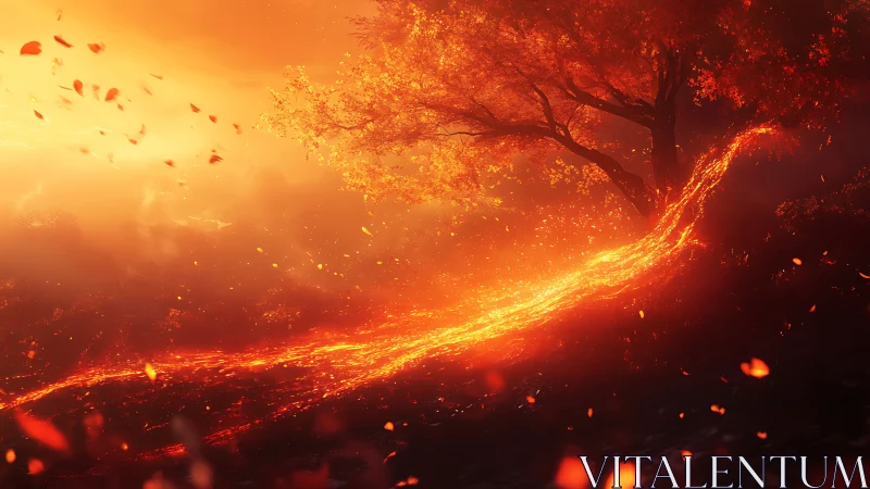 Luminous Wildfire Engulfing Landscape with Glowing Embers and Sparks