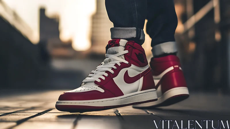 Sunset city strides in bold red high-top sneaker glory.