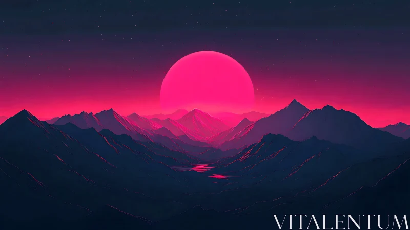 Neon pink sun rises behind stylized mountains under stars