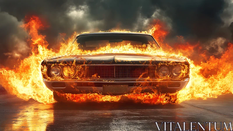 Classic muscle car blazing forward through liquid fire.