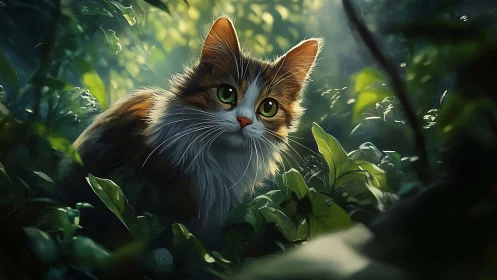 Feline with green eyes positioned among foliage in forest setting.