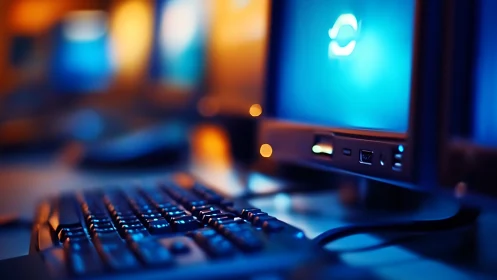 Office desktop workstation glows under blue monitor light