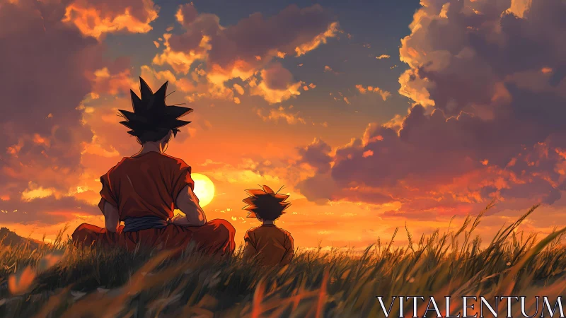 Anime silhouettes in orange sunset field with volumetric clouds