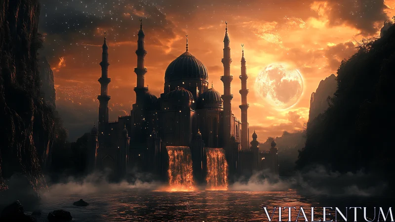 Moonlit palace of glowing waterfalls in a fiery dusk.