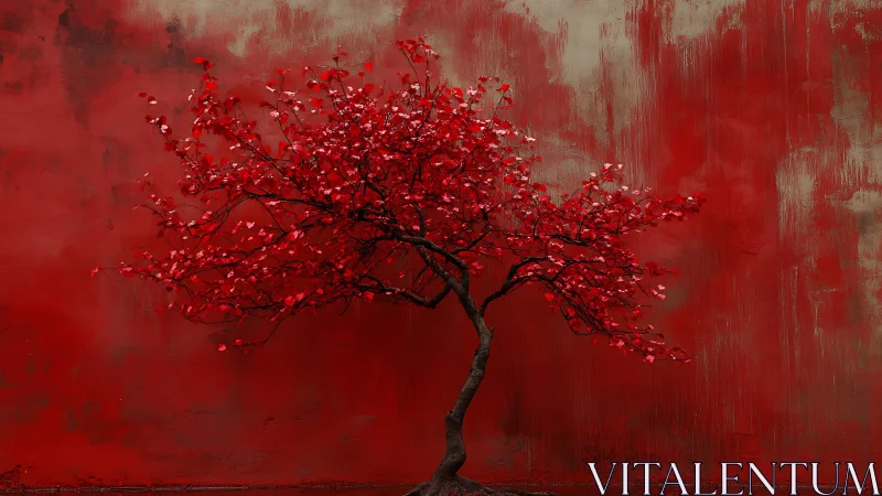 Crimson bonsai leaning gently against a painted red wall.