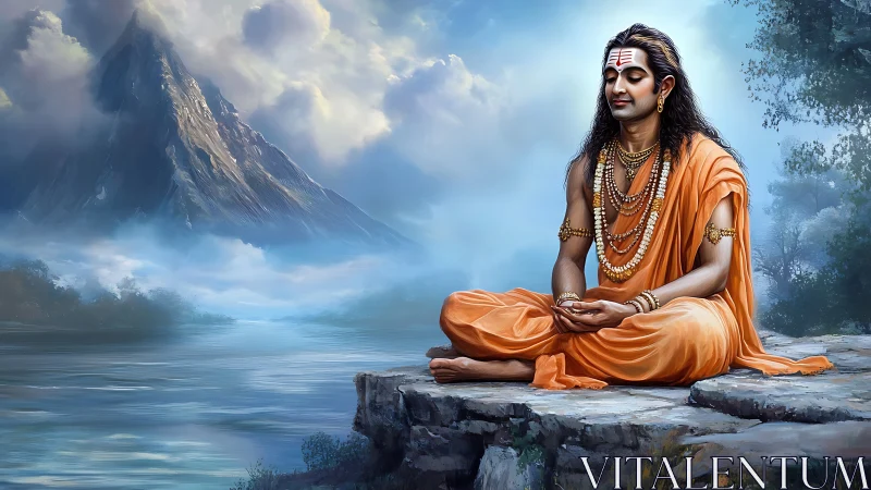 Serene sage in orange robes meditating by misty mountain lake.