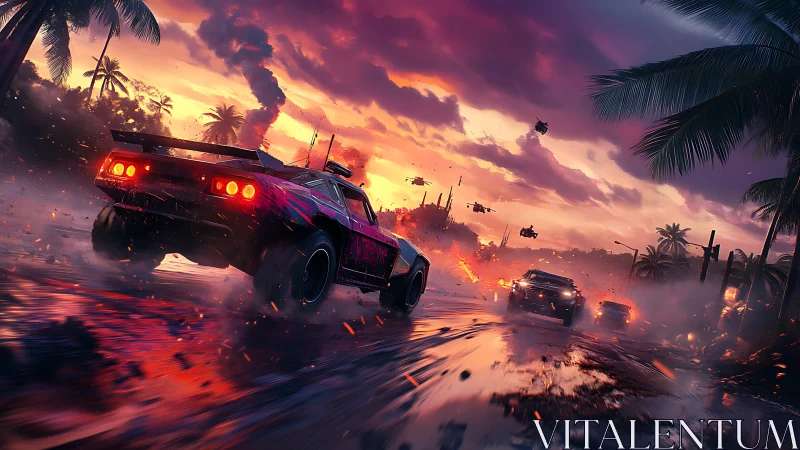 Muscle cars traverse wet coastal roadway under aircraft