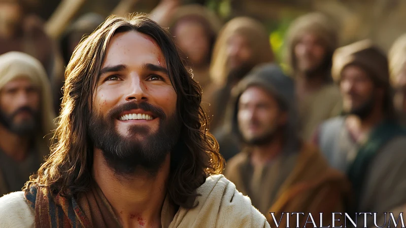 Bearded robed man smiling among blurred followers crowd.
