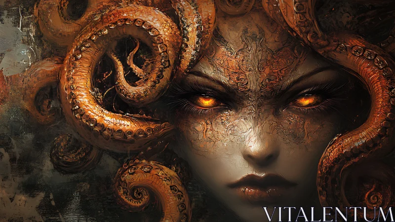 Cephalopod-encrusted demonic visage with bioluminescent gaze.