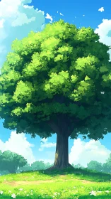 Sunlit tree stands in a bright, peaceful summer meadow.